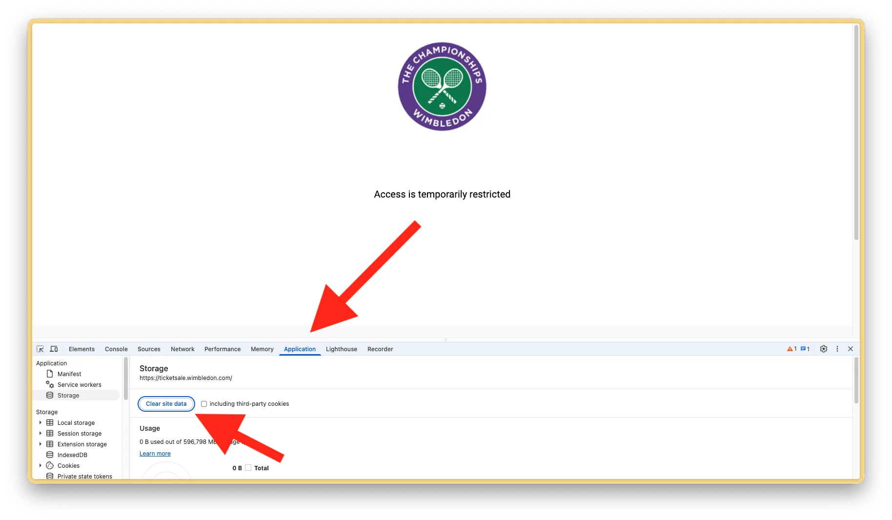 Chrome DevTools Application tab showing the Clear site data button for ticketsale.wimbledon.com