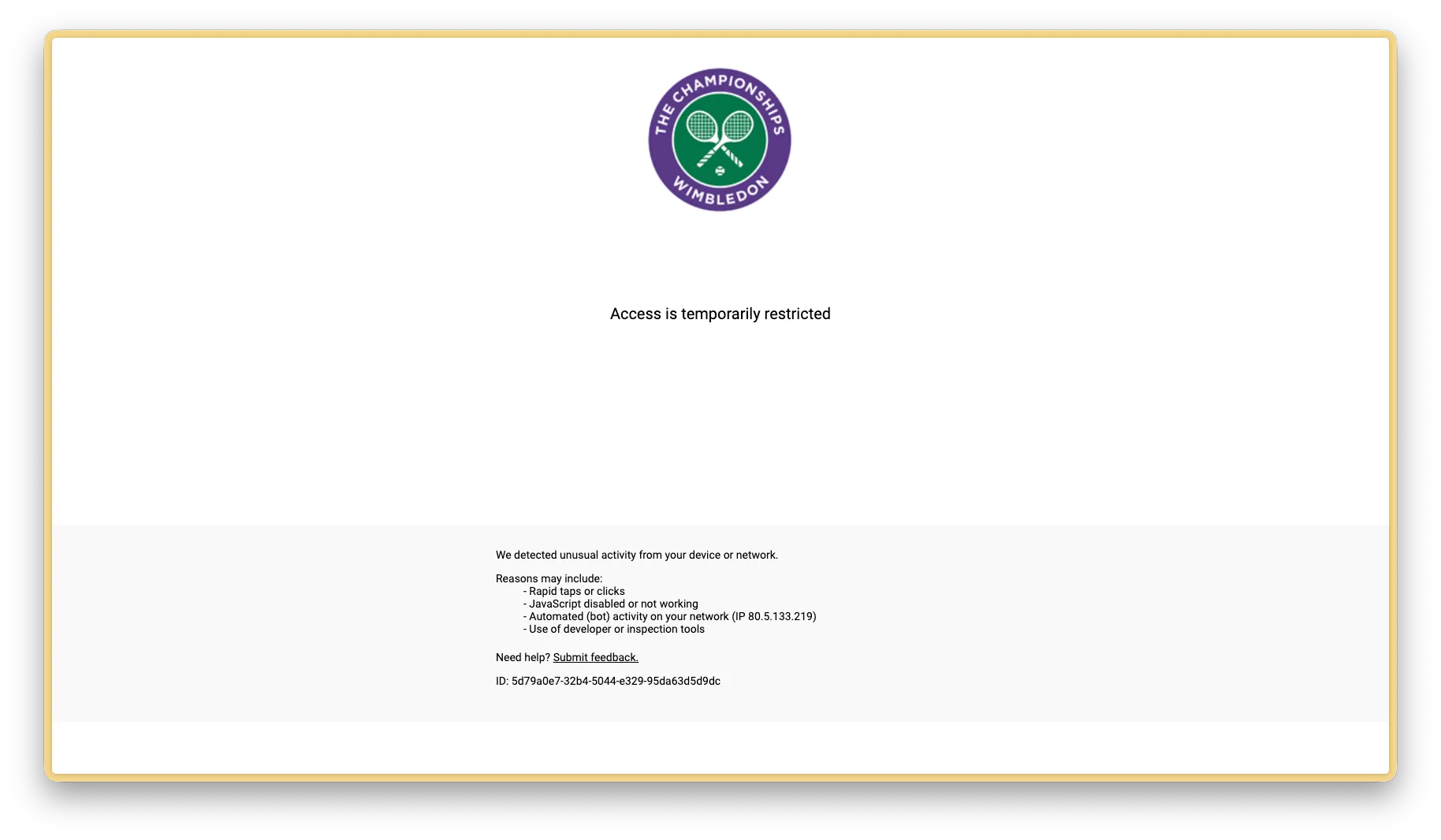 The "Access is temporarily restricted" error page on the Wimbledon ticket resale