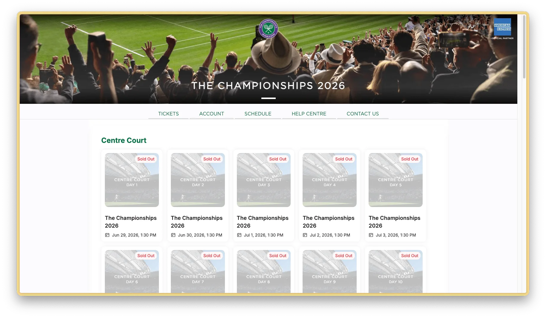 Wimbledon Championships 2026 resale page showing all Centre Court tickets as Sold Out — this is what the page looks like when access is working