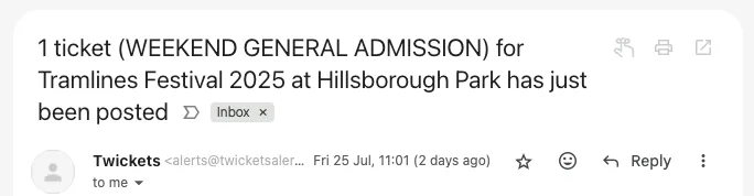 Twickets email at 11:01 AM